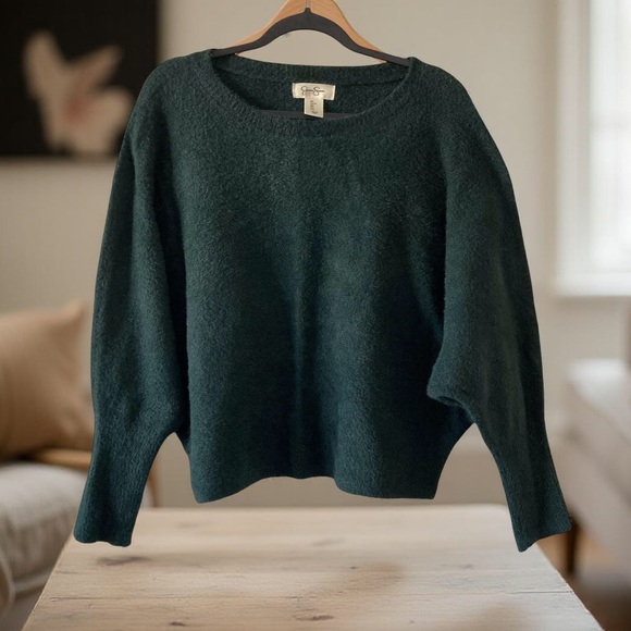 Jessica Simpson Fuzzy Knit Sweater Dark Green Batwing Sleeves Size Large - Picture 1 of 9